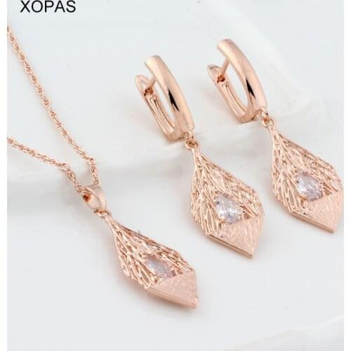 585 Rose Gold Necklace Pendant and Earring Set For Women Party Gift Jewelry Sets charms women girls Fashion Jewelry