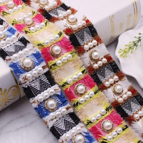 1yards Vintage Nylon Pearl Beaded Embroidered Lace Ribbon Trim Fabric Handmade Beaded Fringe Costume Dress Sewing Supplies Craft