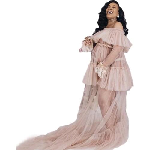Summer New Beautiful Tulle Maternity Robe For Photo Shoot Custom Made Women Ruffled Tulle Maternity Dresses Maternity Gown