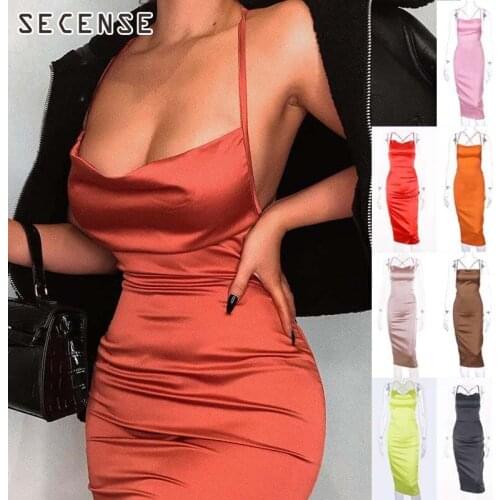 Neon Satin Bodycon Midi Sling Backless Lace Up Sexy Club Dresses Sleeveless Party Bandage Dress For Women Clothing SECENSE
