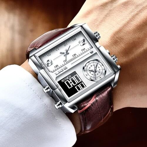 2021 New Casual Leather Mens Watches Top Brand Luxury Double Quartz Watch For Men Waterproof Week Date Electronic Digital Clock