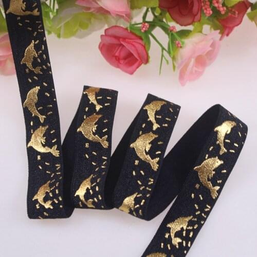 New design gold foil fish printed foe elastic cheers printed elastic ribbon,5/8 "16mm 100yards per lot
