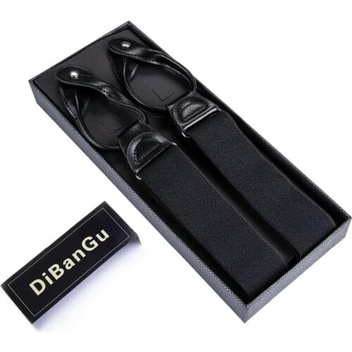 Black Solid Pattern Mens Casual Fashion Braces High Quality Leather Suspenders Adjustable 6 Buttons Belt Strap NK-0505