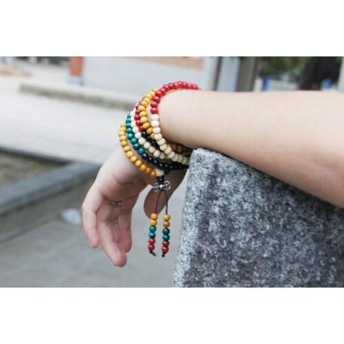 Tibetan Buddhism 216 Five Colours Wood Prayer Bead Vajra tassels Mala Necklace