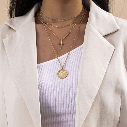 Vintage New Fashion Gold Silver Color Cross Paladin Portrait Coin Pendant Necklaces For Women Female Chain Multilevel Jewelry