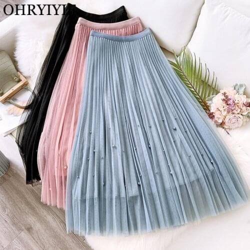 OHRYIYIE Pearl Beading Skirts Women 2020 Spring Summer Long Sweet Tulle Skirt Female Blue Pink Pleated Skirts Jupe Longue Femme