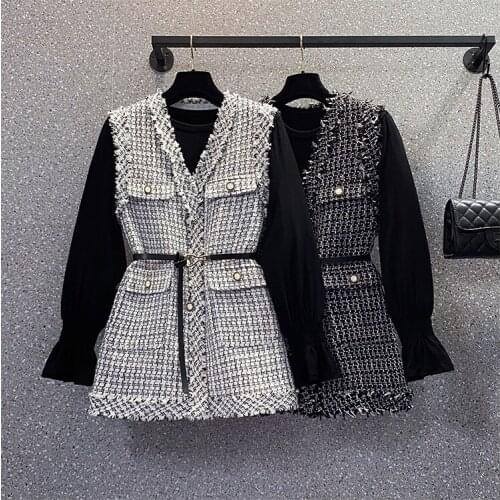 2021 Autumn 2 Piece Set High Quality Women V Neck Sssleeveless Vintage Plaid Single Breasted Tweed Tassel Vest Outerwear+T Shir
