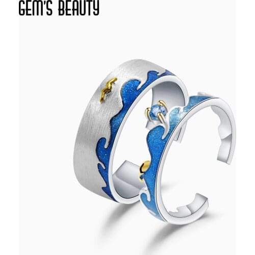 GEMS BEAUTY 925 Sterling Silver Rings For Women Natural Swiss Blue Topaz Enamel Adjustable Open Couple Ring Set