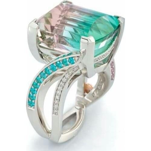 2019 Fashion Blue Pink Gradient Rings for Women Wedding Anillos Square Crystal Zircon Anel Engagement Statement Ring Jewelry