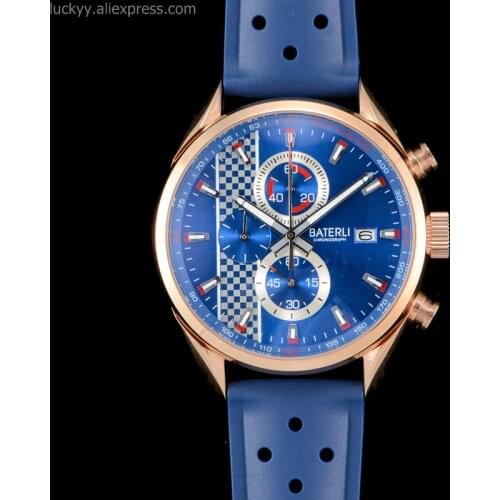 Brand Luxury Mens watches blue dial chronograph VK quartz watch steel rose gold case male analog clock rubber strap A172