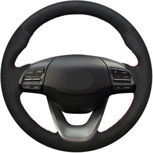 Car Steering Wheel Cover DIY Hand-stitched Black Genuine Leather Suede For Hyundai Kona 2017 2018 2019