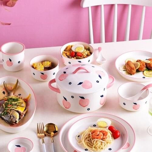 Household Underglaze Color Ceramic Peach Creative Suit Net Red Lovely Girl Heart Tableware Rice Bowl Soup Bowl Fish Plate