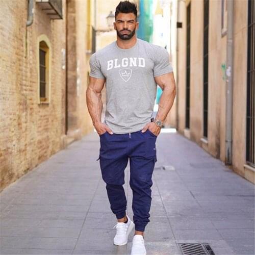 New Mens Cotton Skinny T-shirt Fitness Bodybuilding Short sleeve shirts Gym Workout Tee Tops Male Summer Casual Print Clothing