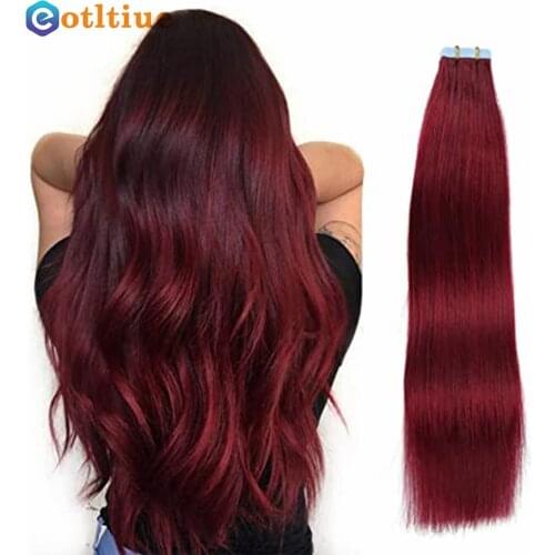 Adhesive Tape in Hair Extensions Pink Red Real Human Hair Seamless PU Skin Weft Tape on Hair Colorful Solid Teal Color 2.5g/pc