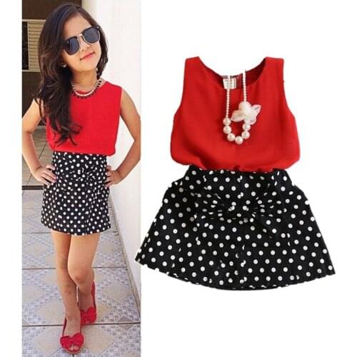 Summer Set 2PCS Toddler Baby Girls Sleeveless O-Neck Pullover Red Solid Vest Tops Dot Print Bow Skirt Outfit