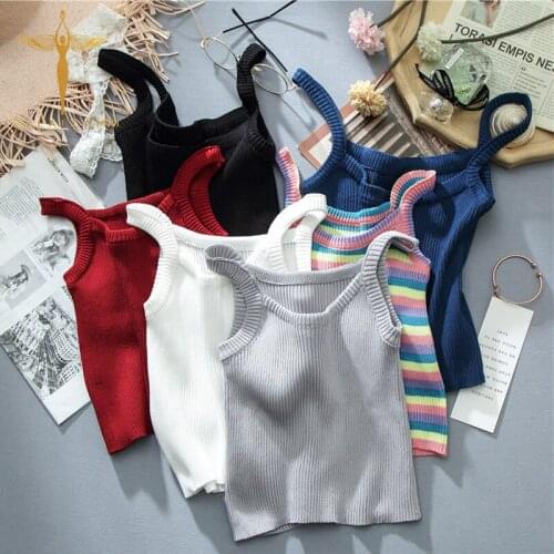 Casual Vest Summer Knitted Ribbed Tank Tops Sleeveless Slim Bottom Camisole Female Rainbow Stripe Vest Top Square Collar Camis