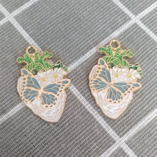 10Pcs 22x34mm Metal Enamel Heart Charms Butterfly Flowers Pendants Accessories For Making Earrings Necklace Bracelet DIY Jewelry