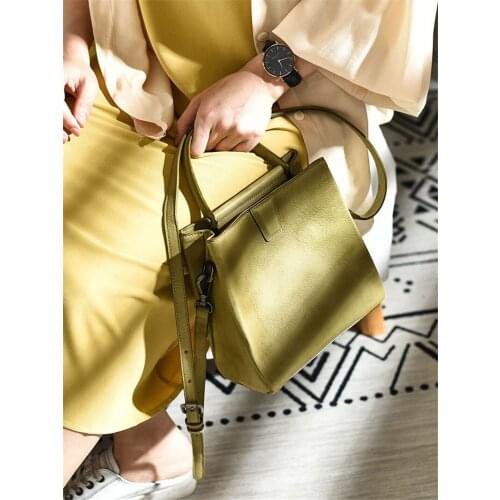 Fashion personality womens bucket bag high-quality first layer cowhide vintage simple daily portable messenger womens bag