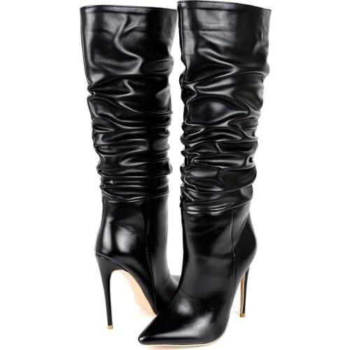 New Autumn Women Shoes Pleated Faux Leather Sexy Super High Heels Fashion Pointed Toe Knee High Boots Casual Party Ladies Boots