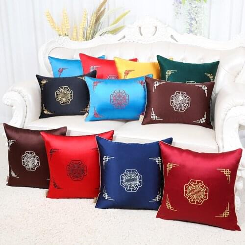 New Embroidery Lucky Silk Cover Pillow Cushion Case Christmas Decorative Lumbar Pillow Cover Chinese Ethnic Cushion Pillow Cover