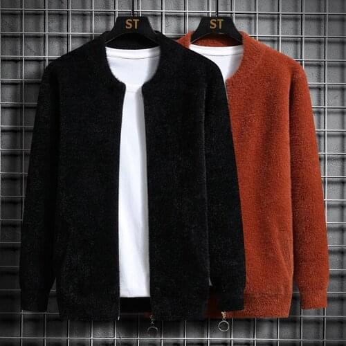 2021 Autumn Korean Slim Fit Mens Double Sided Imitation Ermine Velvet Sweaters Quality Cardigan Knitted Sweatercoats Male M-3XL