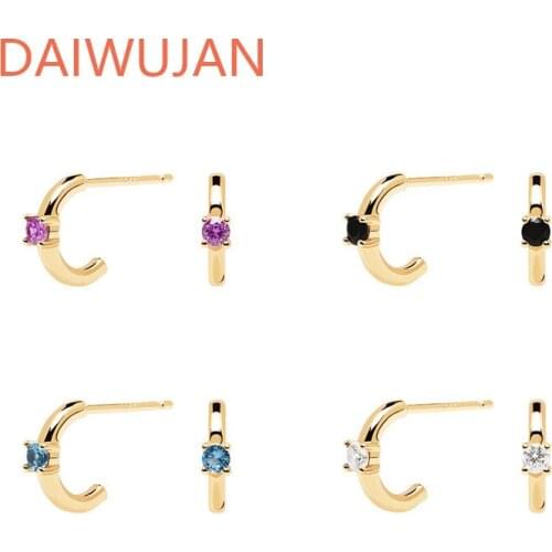DAIWUJAN Vintage Glossy C Shaped 925 Sterling Silver Earrings for Women Black Zircon Kolczyki Damskie Stud Earring Pendientes