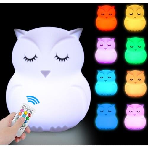 Owl Night Light Touch Sensor Remote Control RGB LED Dimmable Timer USB Rechargeable Silicone Children Baby Bedroom Bedside Lamp