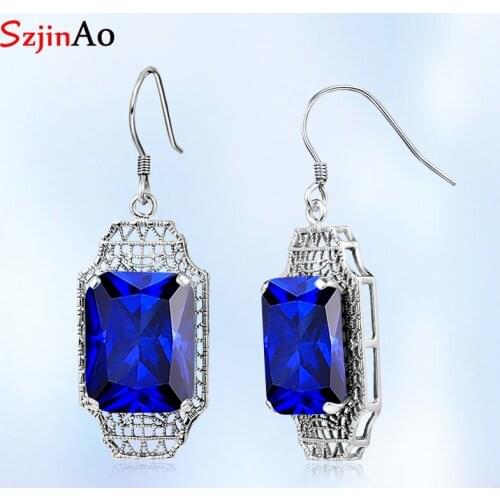 Szjinao brand gemstone jewllery Fine Articial natural sapphire earrings silver 925 Drop Square Women Party Fashion Charms Gifts