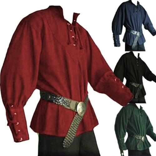 Adult Men Medieval Renaissance Grooms Pirate Top Tunic Costume Bandage Shirt Knight Punk Viking Cosplay Warrior Peasant Blouse