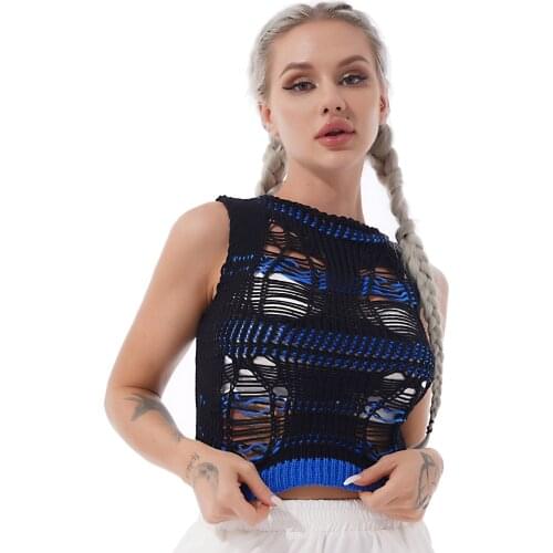 Women Casual Cut Out Knitted Tank Crop Top Color Block Vest O Neck Sleeveless Knitwear Shirt Tee Sexy Goth Club Rave Streetwear