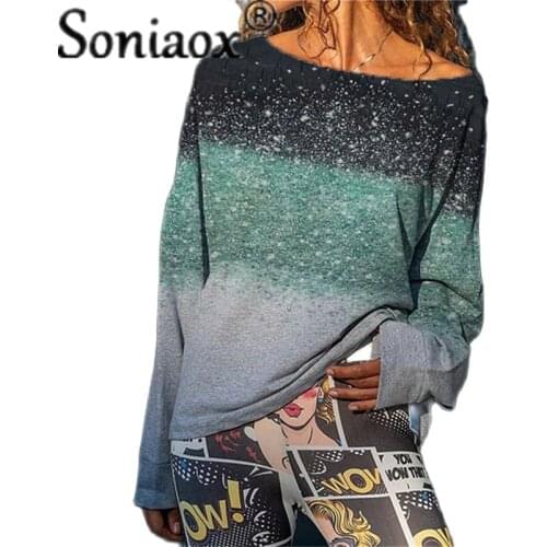 2021 Autumn Women Gradient Stitching Long-Sleeve T-Shirt Fashion Ladies Loose Casual Street O-Neck Printing Pullover T-Shirts