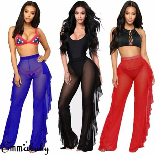 Women Fashion Ruffles Beach Trousers Ladies Summer Transparent Bikini Cover Up Elegant High Waist Playa Beach Cover Up Beachwear