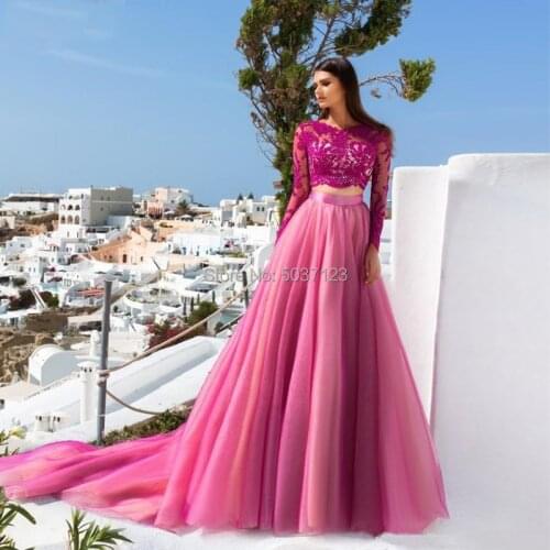 2021 Hot Pink Two Pieces Prom Dresses Boho Lace Long Sleeves A-line Appliques Tulle Formal Party Evening Gown Open Back