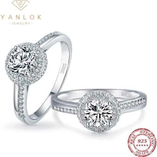 YANLOK Genuine 925 Sterling Silver Classic Exquisite Brilliant Cut Finger Ring For Women Wedding Band Engagement Jewelry Anel