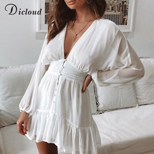 Sexy Plunge V Neck Womens Summer Dress White Lace Long Sleeve Mini Wedding Party Dress Ruffle Elegant Clothes 2021