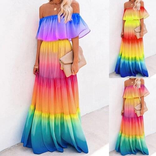 Womens Fashion Rainbow Off Shoulder Tiered Maxi Dress