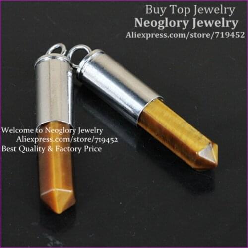 10pcs Nature Tiger Eyes Gems Point Bullet Pendant Hexagon Quartz Druzy Pendant Real Silver Plated Casing Pendant