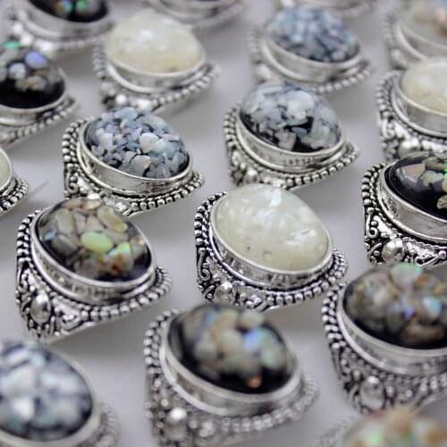 12 Pcs Luxury Trendy Shells Ring Dazzle Beautiful Accessories Silver Plated Artificial Coral Vintage Oval Big Rings Size 8-12