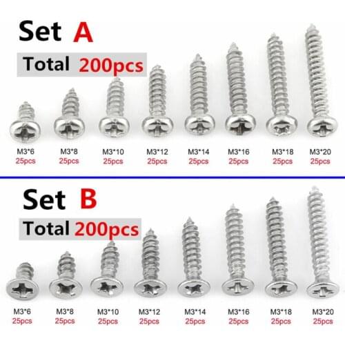 200pcs M3 304 stainless steel flat head/pan head cross tapping screws assortment combination kit
