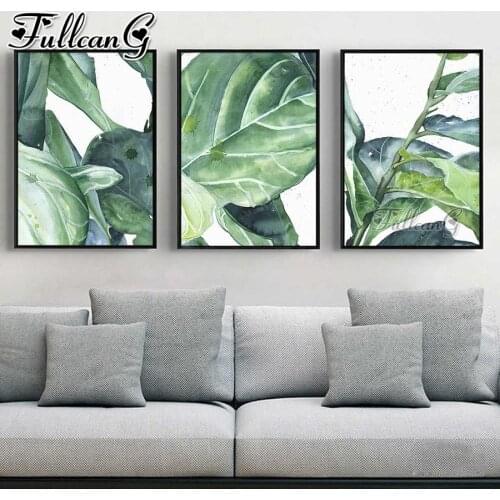 FULLCANG 5d diy diamond embroidery sale green leaf plant painting triptych full square round drill wall decoration FC3588