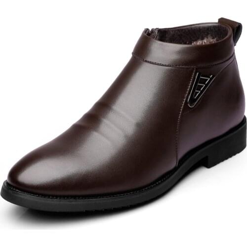 Business Chelsea Boots Mens Winter Ankle Boots Men Leather Zipper Side Thick Artificial Fur Snow Boots Men Winter Dress Shoes rt