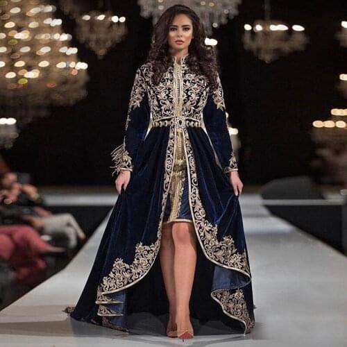 Long Velvet Gold Appliques Muslim Prom Dresses 2021 Long Sleeve Saudi Arabic Formal Evening Party Dress vestidos de gala