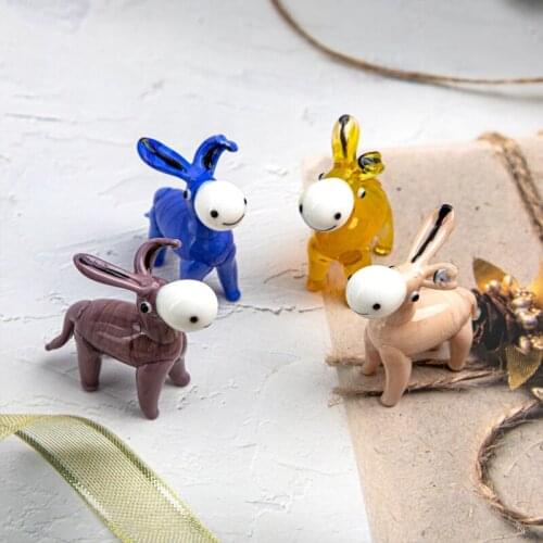 H&D 4PCS Hand Blown Art Donkey Sculptures Glass Animal Figurines Miniature Paperweight Modern Style Home Office Decoration Gift