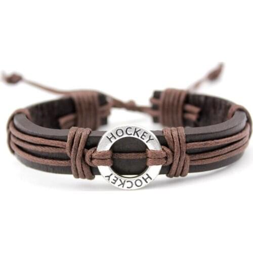 Hockey Charm Adjustable Leather Cuff Bracelets Women Men Boys Girl Jewelry Christmas Gift Browm Color Drop Shipping