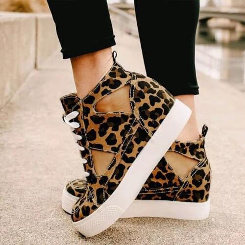 Sneaker for Women Big Size 43 Shoe Leopard Fashion Vulcanized Woman Hollow Out Shoes Female Comfort Lace Up Flat Ladies Footwear