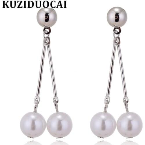 Kuziduocai 2018 New ! Fashion Fine Jewelry Zinc Alloy Two Pearl Tassel Concise Elegant Round Stud Earrings For Women Gift E-774