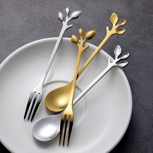 European Stainless Steel Leaf Spoon Fork Household Fruit Fork Mixing Spoon Golden Silver Metal Tableware Set Kitchen Accessories
