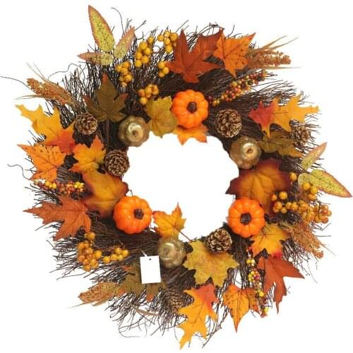 Metable Fall Maple Leaf Pumpkin Wreath Christmas Artificial Wreath Front Door Decoration Thanksgiving Decorative Garland