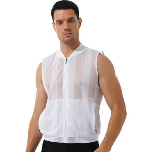 Men Summer Vest Tops See-through Mesh Sleeveless Jacket Outdoor Golf Fishing Travel Zipper Waistcoat Costumes Exotic Tanks
