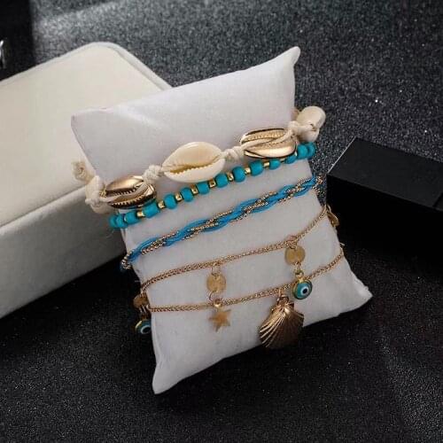 New fashion creative alloy heart-shaped eyes rice beads woven shell multilayer anklet for women jewelry accessories girl gift